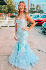 2025 Light Blue Long Prom Dress Lace Appliques Straps Mermaid Formal Dress Lace-Up MyChicDress