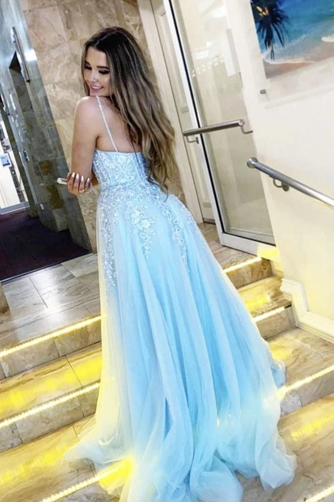 2025 Light Blue Prom Dresses V Neck Appliques Lace Evening Dress MyChicDress