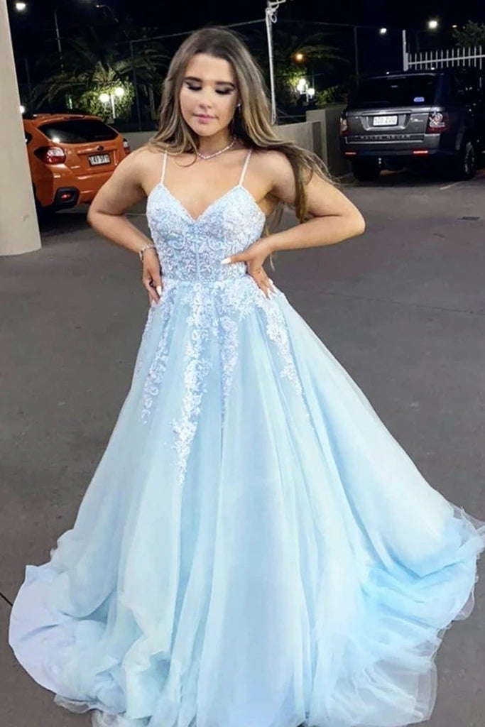 2025 Light Blue Prom Dresses V Neck Appliques Lace Evening Dress MyChicDress