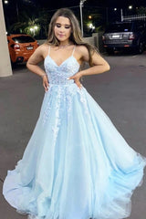 2025 Light Blue Prom Dresses V Neck Appliques Lace Evening Dress MyChicDress