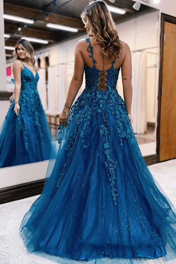 2025 Long Blue Lace Prom Dresses V Neck Formal Evening Dresses Open Back MyChicDress