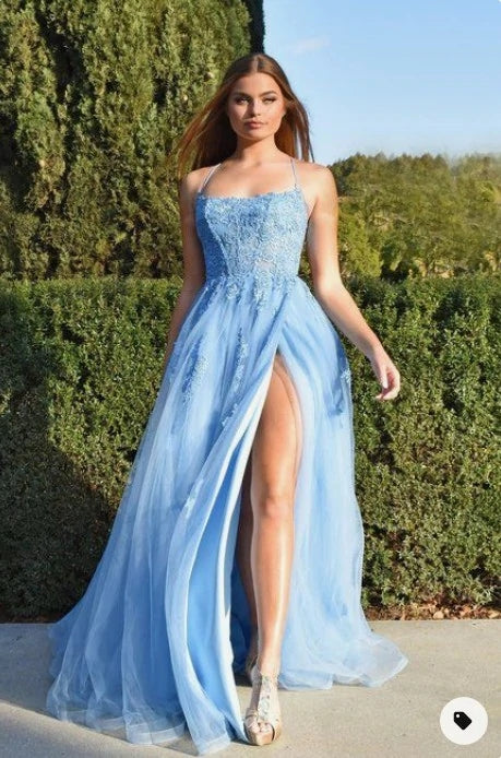 2025 Long Light Blue Prom Dress Backless Floral Lace Formal Evening Dress MyChicDress