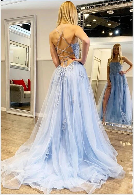 2025 Long Light Blue Prom Dress Backless Floral Lace Formal Evening Dress MyChicDress