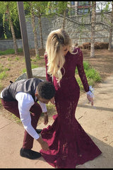 2025 Long Mermaid Burgundy Prom Dresses Lace with Sleeves Cheap Evening Gown MyChicDress