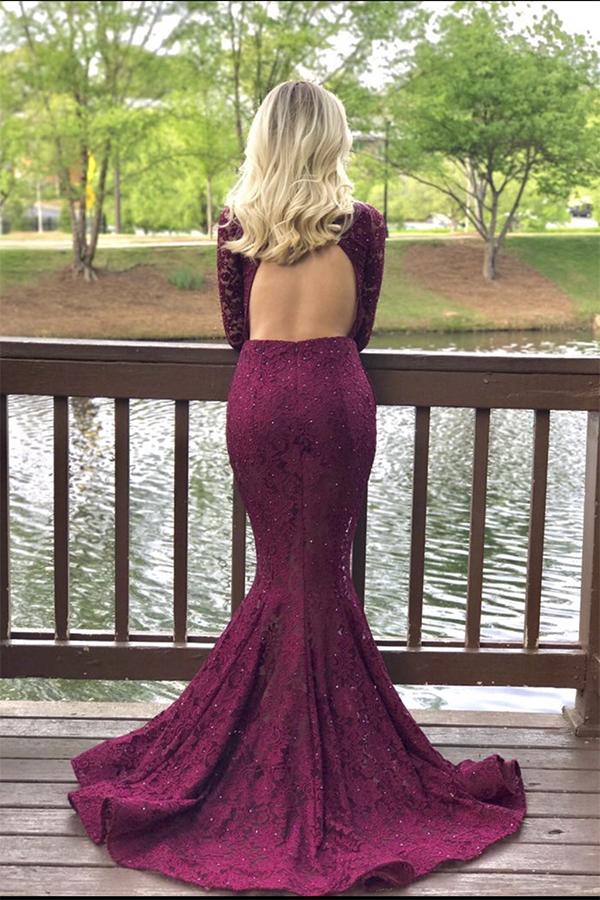 2025 Long Mermaid Burgundy Prom Dresses Lace with Sleeves Cheap Evening Gown MyChicDress