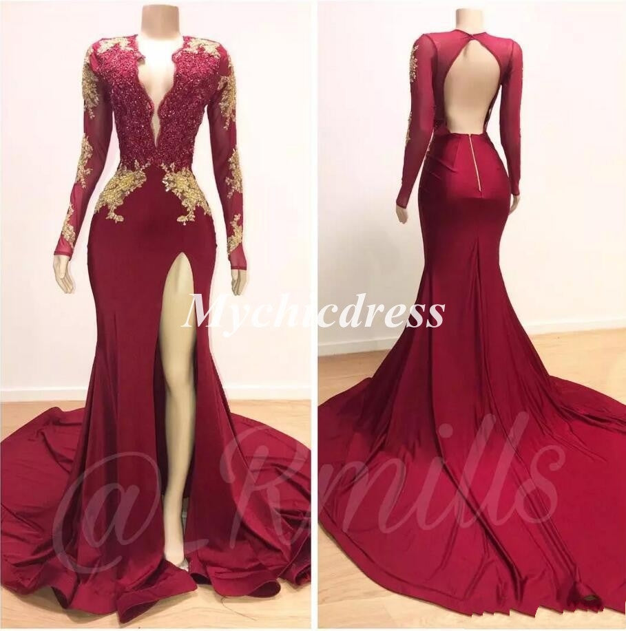 2025 Long Mermaid Gold Red Lace Prom Dresses Mermaid Formal Gowns MyChicDress