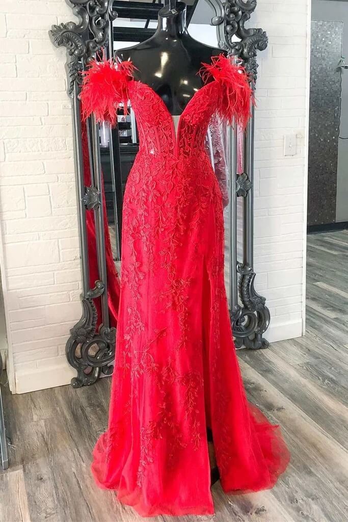 2025 Long Off Shoulder Red Lace Prom Dresses Feathers V Neck Mermaid Evening Dress MyChicDress