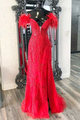 2025 Long Off Shoulder Red Lace Prom Dresses Feathers V Neck Mermaid Evening Dress MyChicDress