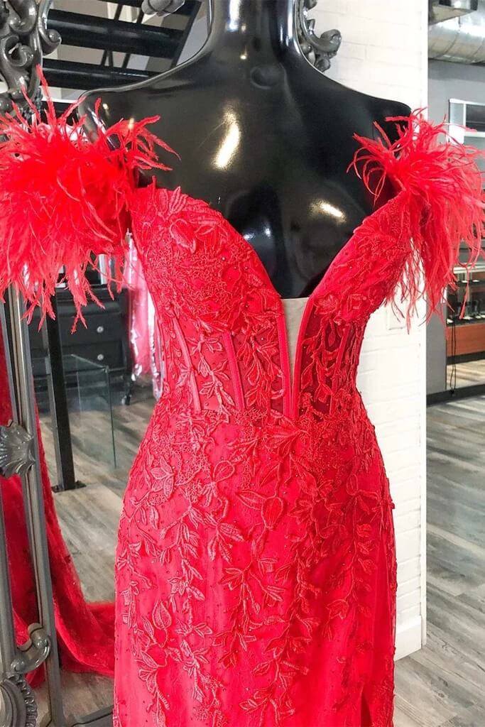 2025 Long Off Shoulder Red Lace Prom Dresses Feathers V Neck Mermaid Evening Dress MyChicDress