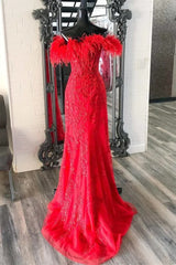 2025 Long Off Shoulder Red Lace Prom Dresses Feathers V Neck Mermaid Evening Dress MyChicDress