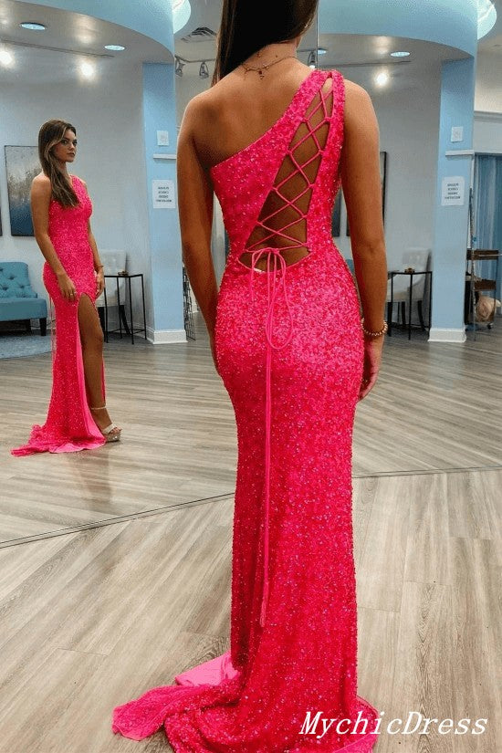 2025 Long Pink Prom Dresses Sequins One Shoulder Evening Gown with Split MyChicDress