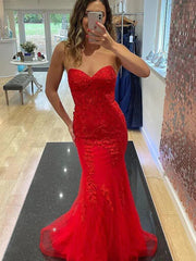 2025 Long Red Lace Prom Dresses Strapless Sweetheart Mermaid UK Formal Dress MyChicDress