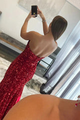 2025 Long Red Prom Dresses Sequin Mermaid Strapless Formal Dress MyChicDress