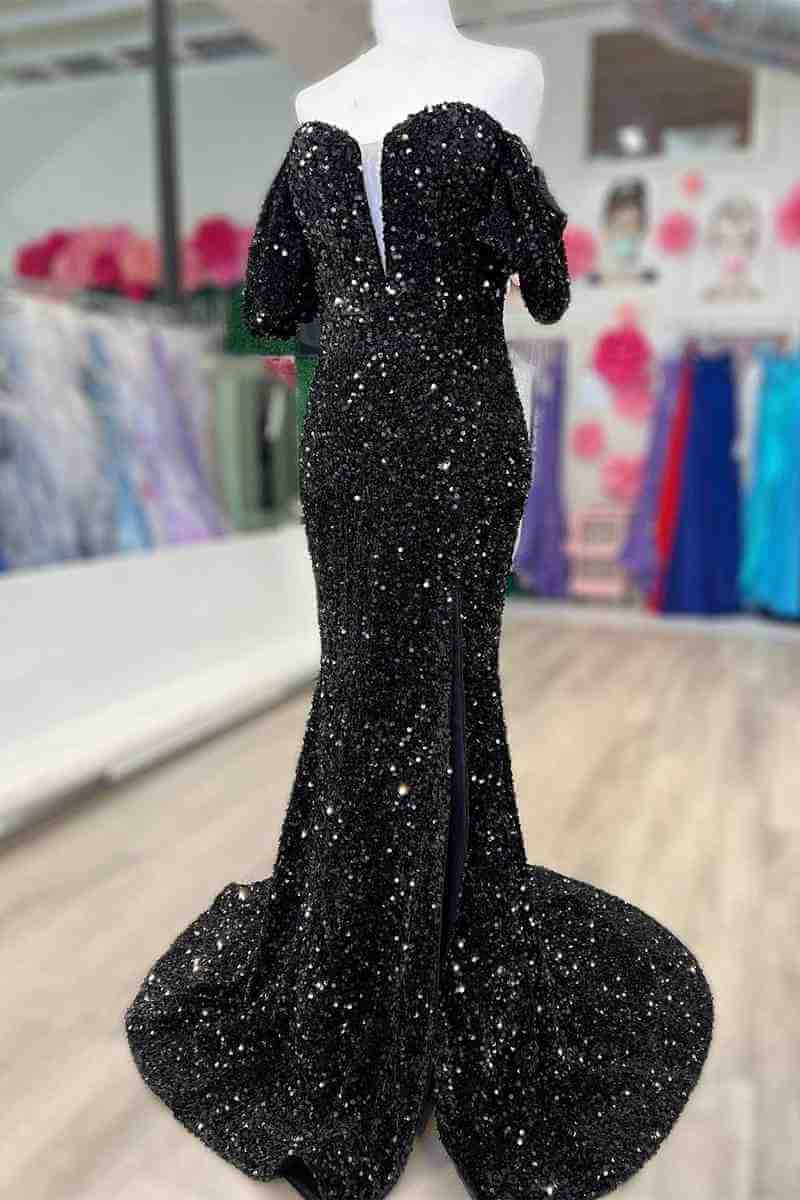 2025 Long Red Puff Sleeves Prom Dress Sparkly Sequined with Side Slit MyChicDress