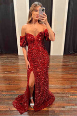 2025 Long Red Puff Sleeves Prom Dress Sparkly Sequined with Side Slit MyChicDress