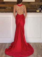 2025 Long Satin Red Evening Dresses Mermaid V Neck Cheap Prom Dress MyChicDress