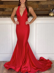 2025 Long Satin Red Evening Dresses Mermaid V Neck Cheap Prom Dress MyChicDress