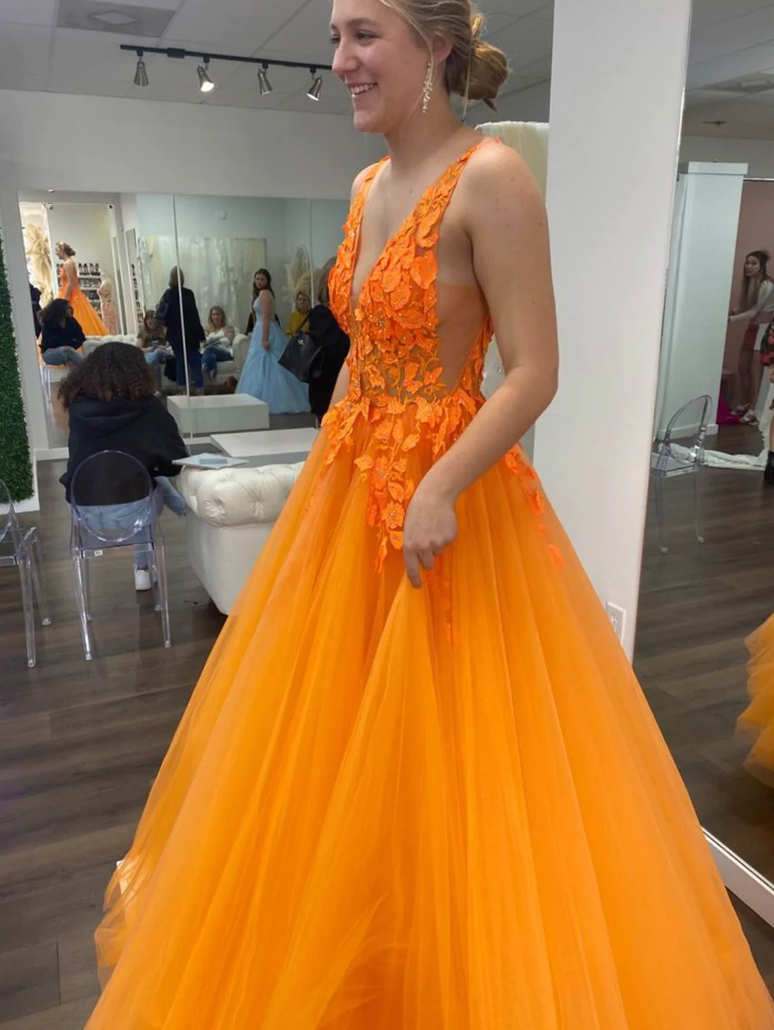 2025 Orange Lace Prom Dresses Floral V Neck Formal Evening Dress MyChicDress