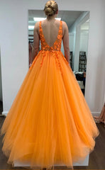 2025 Orange Lace Prom Dresses Floral V Neck Formal Evening Dress MyChicDress