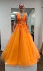 2025 Orange Lace Prom Dresses Floral V Neck Formal Evening Dress MyChicDress