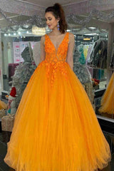 2025 Orange Lace Prom Dresses Floral V Neck Formal Evening Dress MyChicDress