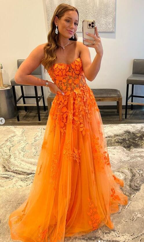 2025 Orange Lace Prom Dresses Sexy Sweetheart Long Applique Formal Dresses