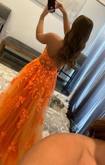 2025 Orange Lace Prom Dresses Sexy Sweetheart Long Applique Formal Dresses MyChicDress