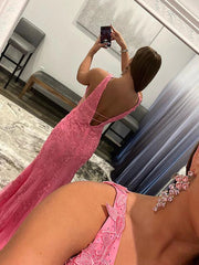 2025 Pink Lace Prom Dresses Mermaid Long Formal Dresses V Neck MyChicDress