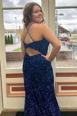 2025 Plus Size Blue Sequin Iridescent Prom Dresses Spaghetti Straps MyChicDress