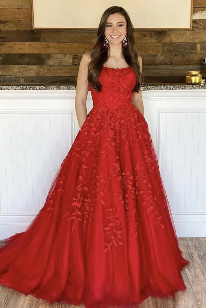 2025 Red Lace Prom Dresses A Line Floor Length Evening Gown MyChicDress