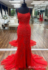 2025 Red Lace Prom Dresses Long Spaghetti Straps Cross Back MyChicDress