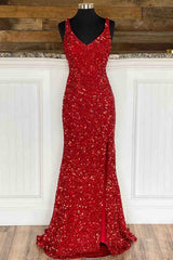 2025 Red Mermaid Cheap Long Prom Gowns Side Slit V-Neck Formal Evening Dress MyChicDress