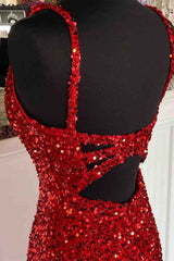 2025 Red Mermaid Cheap Long Prom Gowns Side Slit V-Neck Formal Evening Dress MyChicDress