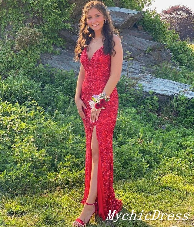 2025 Red Sequin Prom Dresses V Neck Spaghetti Straps Split MyChicDress