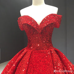 2025 Sparkly Red Ball Gown Wedding Dresses Sequin Off the Shouder Quince Dress MyChicDress