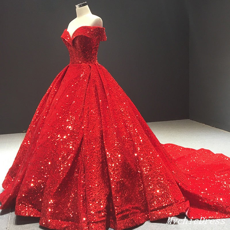 2025 Sparkly Red Ball Gown Wedding Dresses Sequin Off the Shouder Quince Dress MyChicDress