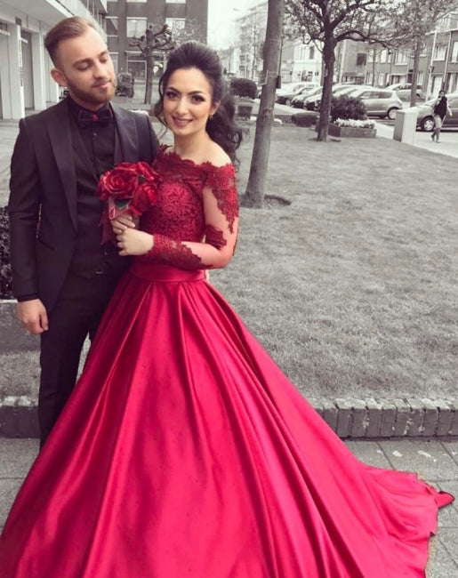 Sexy Lace Off the Shoulder Long Sleeves Red Prom Dresses – MyChicDress