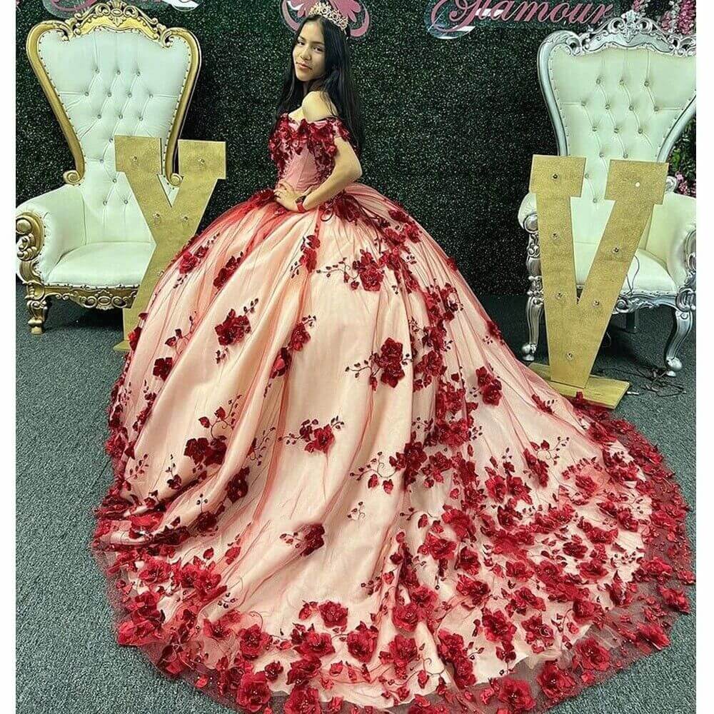 3D Flowers Dark Red Sweet 16 Dresses Off The Shoulder 2025 Quinceanera Dress MyChicDress