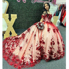 3D Flowers Dark Red Sweet 16 Dresses Off The Shoulder 2025 Quinceanera Dress MyChicDress