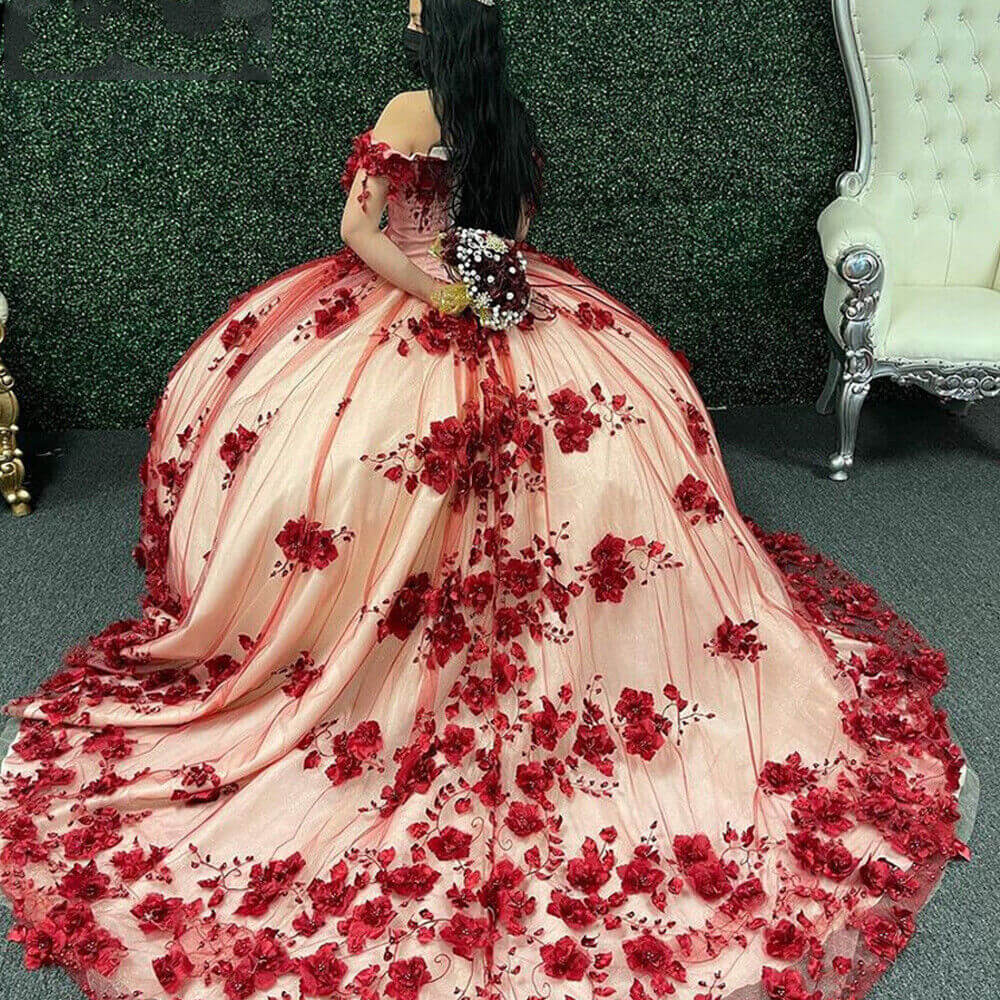 3D Flowers Dark Red Sweet 16 Dresses Off The Shoulder 2025 Quinceanera Dress MyChicDress