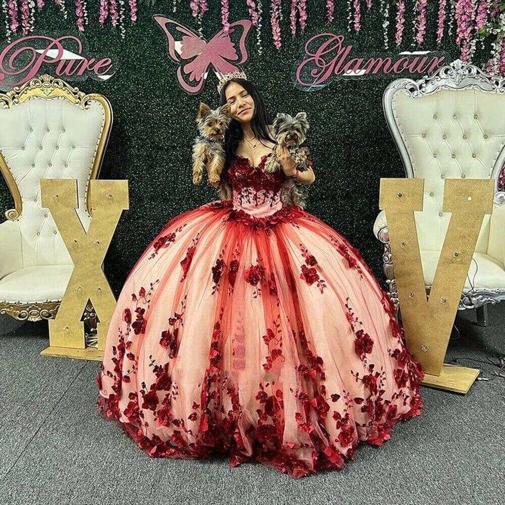 3D Flowers Dark Red Sweet 16 Dresses Off The Shoulder 2025 Quinceanera Dress MyChicDress