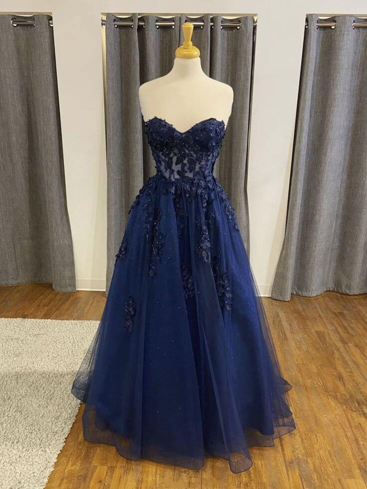 A Line 2024 Navy Blue Lace Long Prom Dresses Strapless Graduation Evening Dresses MyChicDress