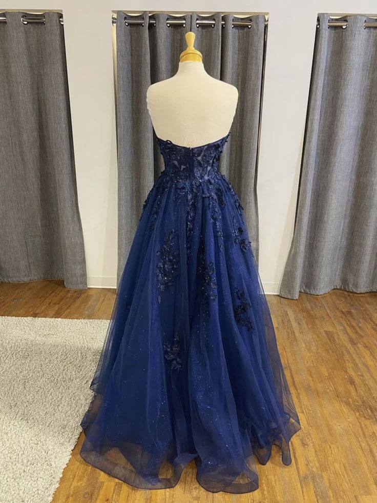 A Line 2024 Navy Blue Lace Long Prom Dresses Strapless Graduation Evening Dresses MyChicDress