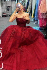 A-Line 2025 Burgundy Lace Prom Dresses Strapless Appliques Long Formal Dress MyChicDress