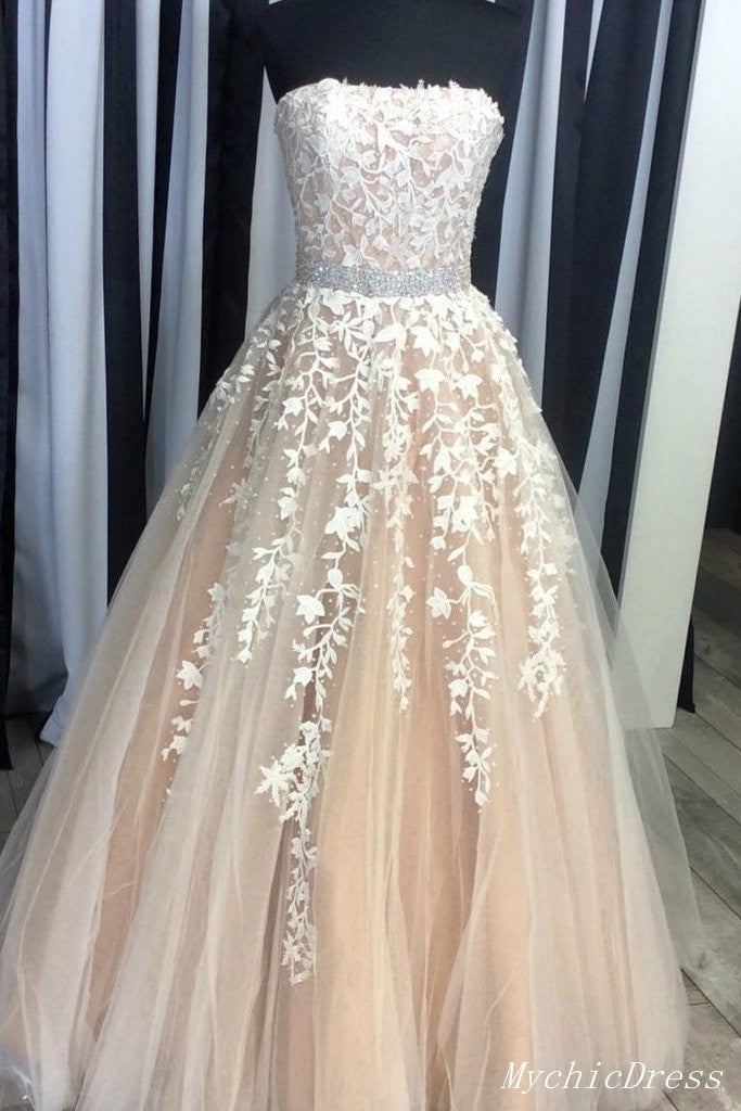 A Line 2025 Champagen Lace Prom Dresses Strapless Beaded Belt Zipper Back MyChicDress