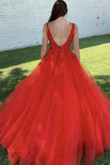 A Line 2025 Red Prom Dresses Lace V Neck Long Graduation 16 Dresses MyChicDress