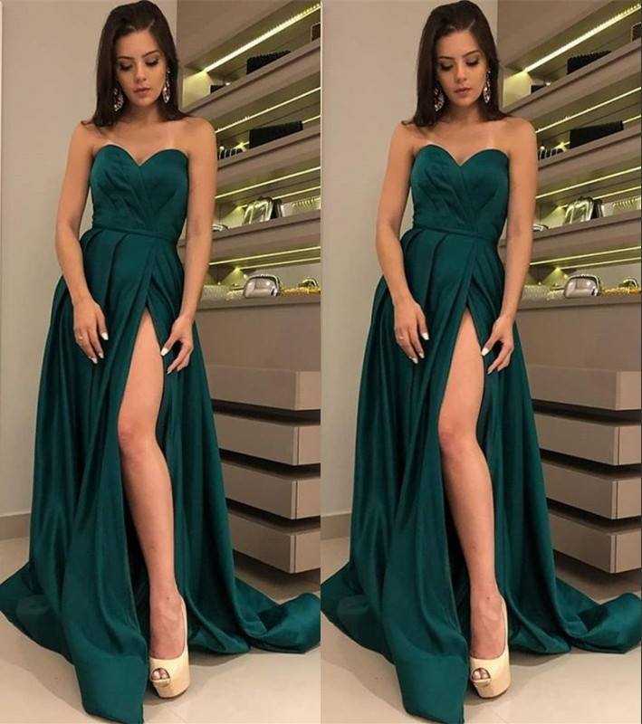 A-Line 2025 Satin Dark Green Prom Dress Side-Slit Sexy Evening Gown - MyChicDress