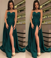 A-Line 2025 Satin Dark Green Prom Dress Side-Slit Sexy Evening Gown - MyChicDress