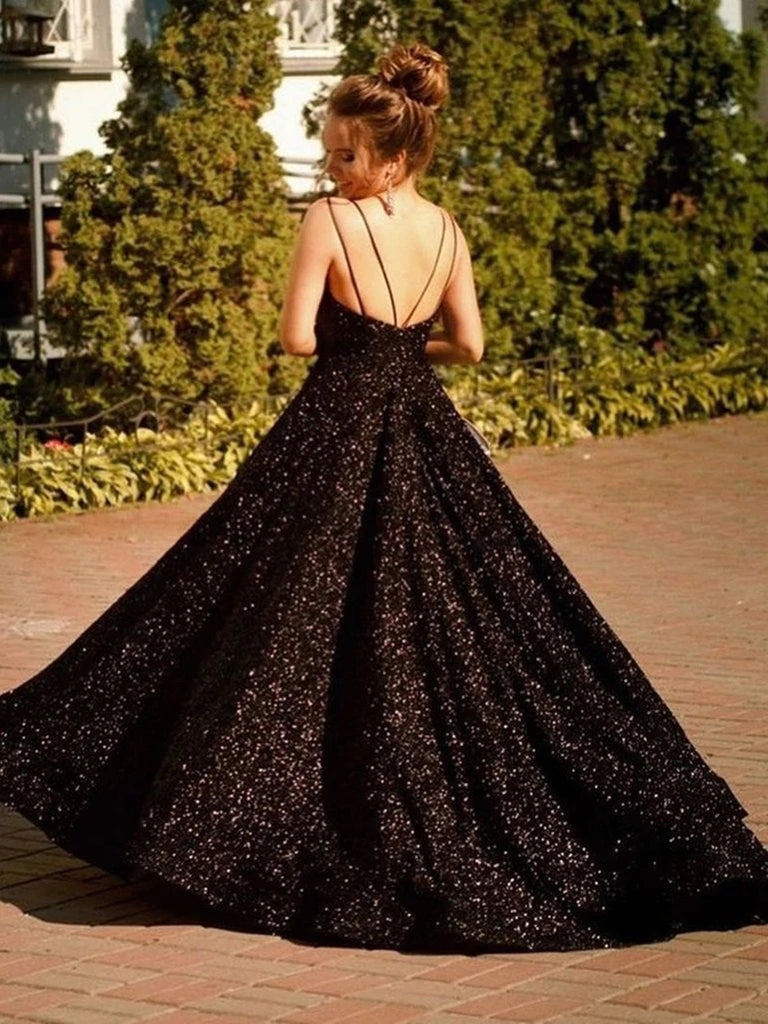 A Line Black 2025 Sequin Prom Dresses UK Long V Neck Formal Evening Gown MyChicDress