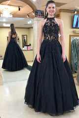 A-Line Black Halter Long 2025 Prom Dresses Lace Halter Formal Evening Dresses MyChicDress